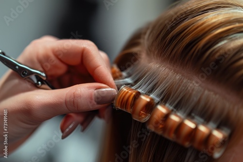 A woman confidently cuts her hair with a pair of scissors, demonstrating a DIY haircutting technique, A close-up image of a hairdresser's hands setting hair rollers, AI Generated
