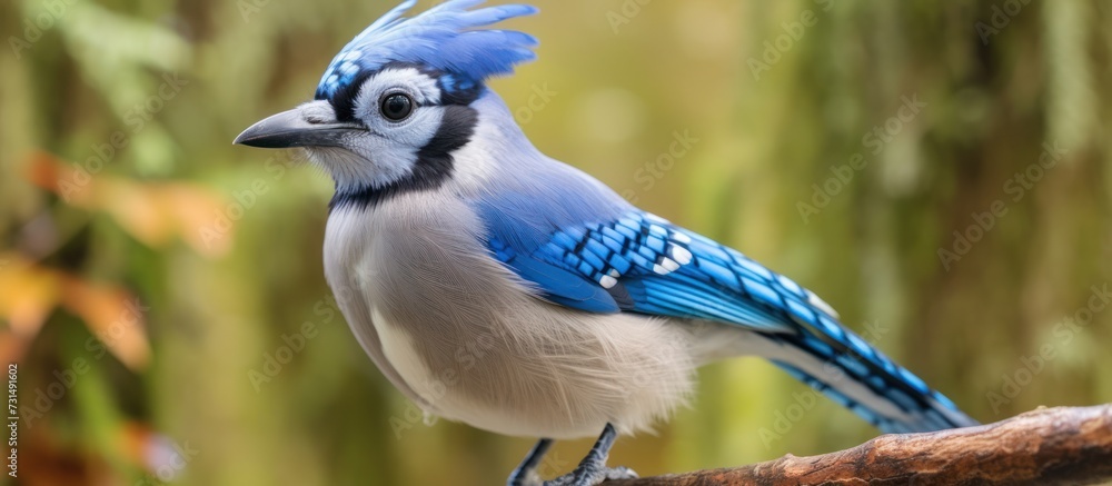 Fototapeta premium Blue Jay bird perched on a tree in the forest