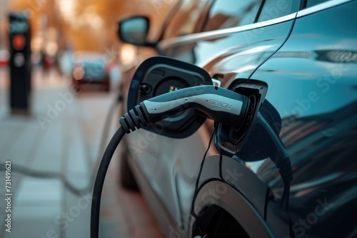 An electric car sitting at a charging station, receiving a clean and sustainable energy source, A close-up of an electric vehicle's charging port, AI Generated