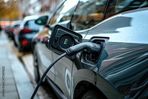 An electric car is seen plugged into a charging station, contributing to a green and sustainable mode of transportation, A close-up of an electric vehicle's charging port, AI Generated