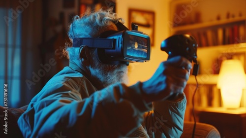 photo elderly person using vr set for game immersion 