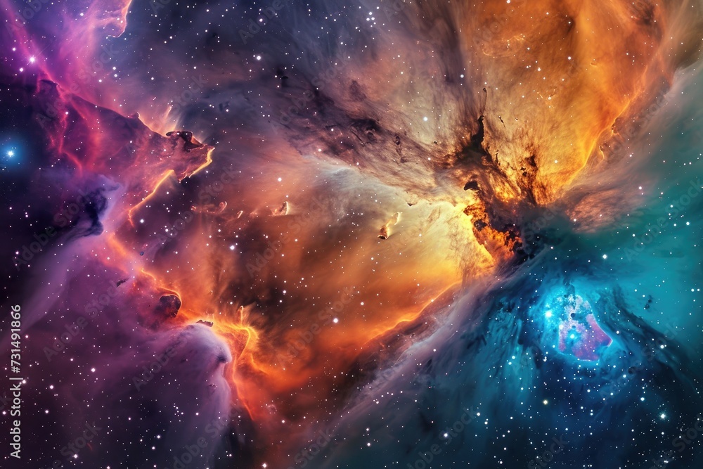 An image featuring a multitude of stars set against a colorful and lively backdrop, A cloud nebula in space bursting with intense colors, AI Generated