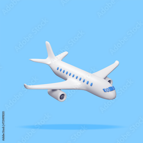3D White Realistic Airplane Isolated on Blue Background. Render Passenger or Commercial Jet Icon. Time for Travel Concept. Traveling Booking Agency and Airlines. Holiday Vacation. Vector Illustration