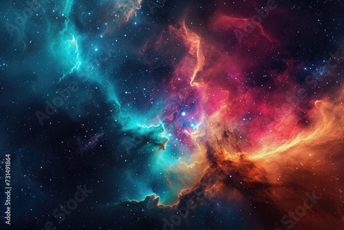 This stunning photograph showcases a vivid and mesmerizing cosmic space, teeming with sparkling stars and billowing clouds, A cloud nebula in space bursting with intense colors, AI Generated