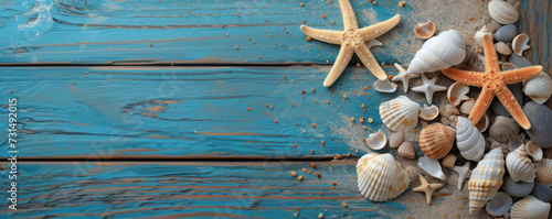 Flat lay Minimal summer holiday vacation concept, Top view rocks and seashell starfish on blue wood background