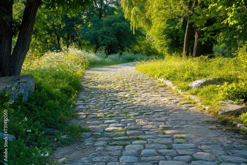 A peaceful cobblestone road winds through a dense forest, providing a serene and tranquil setting, A cobblestone pathway through a lush countryside during a warm summer day, AI Generated