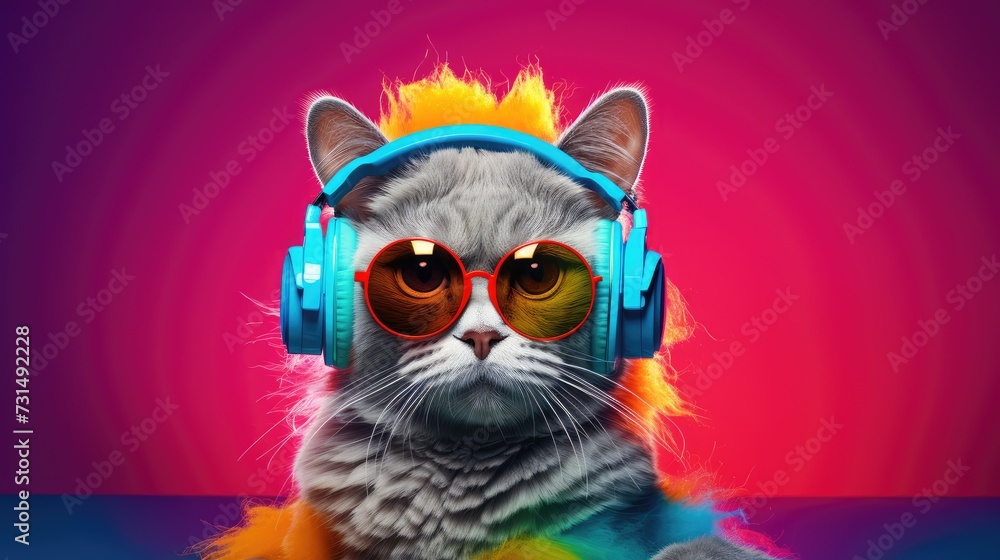 A cool cat in a stylish image, wearing sunglasses, listening to music in wireless headphones on a bright, colorful background.