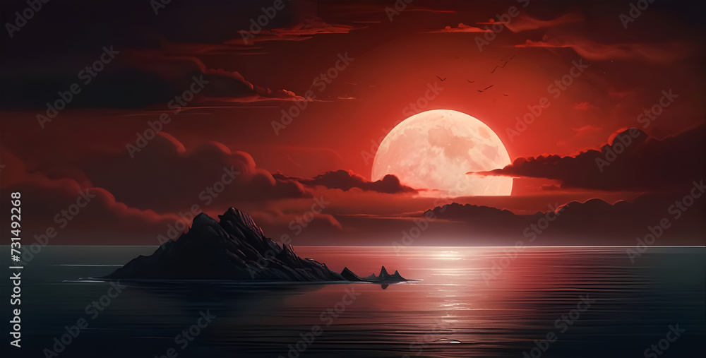 dramatic natural sky,round moon on the sea,red clouds dramatic natural sky,round moon on the sea,red clouds