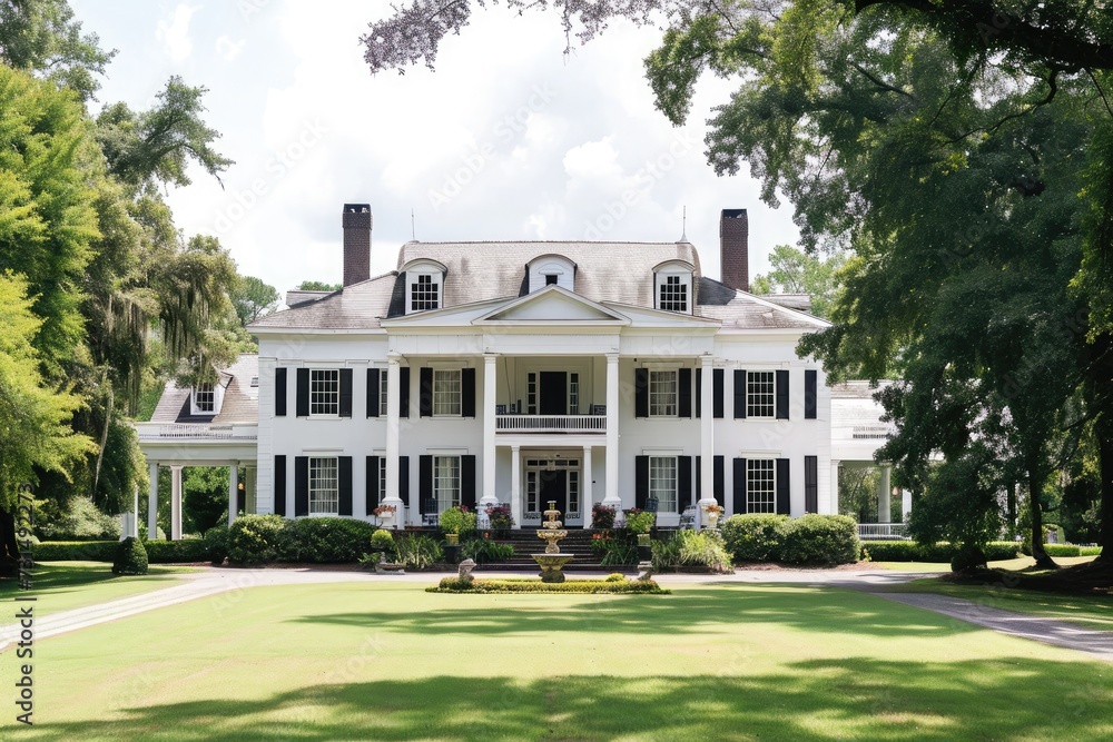 Large White House Surrounded by Trees and Grass, A Colonial Revival mansion poised elegantly on a southern plantation, AI Generated