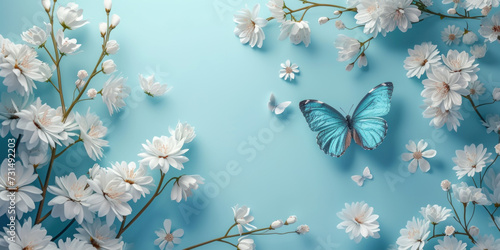 Top view flat lay white white flowers spring with butterfly on blue background © Black Pig
