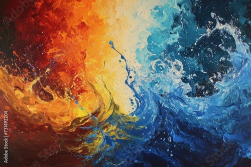 A visually striking abstract painting featuring energetic blue, orange, and yellow waves, A collision of water and fire depicted in bold, contrasting colors, AI Generated