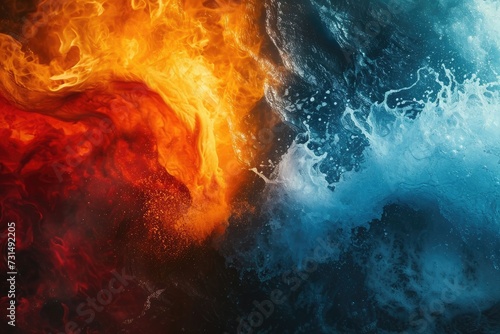 This close-up photo captures the striking combination of fire and water in a captivating wallpaper design, A collision of water and fire depicted in bold, contrasting colors, AI Generated
