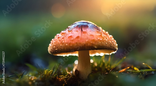 mushroom, with a sunrise in the background, macro shot, natural lighting