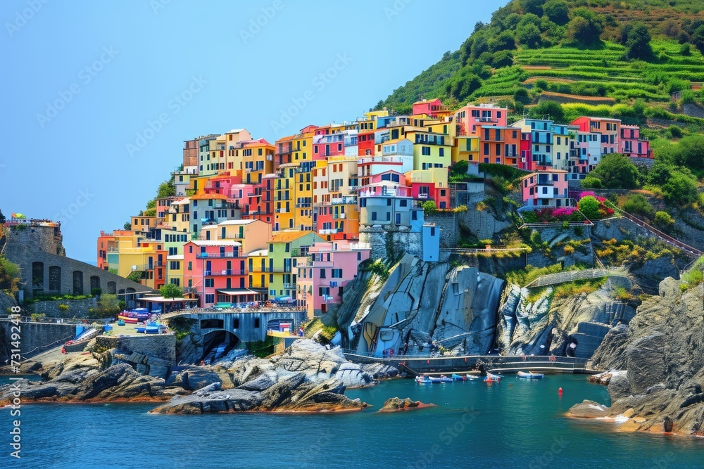 This photo showcases a colorful village nestled on the side of a mountain, creating a picturesque scene, A colorful coastal town at the foot of a mountain, AI Generated