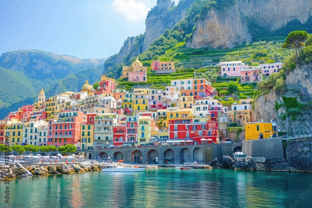 A stunning image capturing the charm and beauty of a colorful village resting on the shores of a tranquil body of water, A colorful coastal town at the foot of a mountain, AI Generated