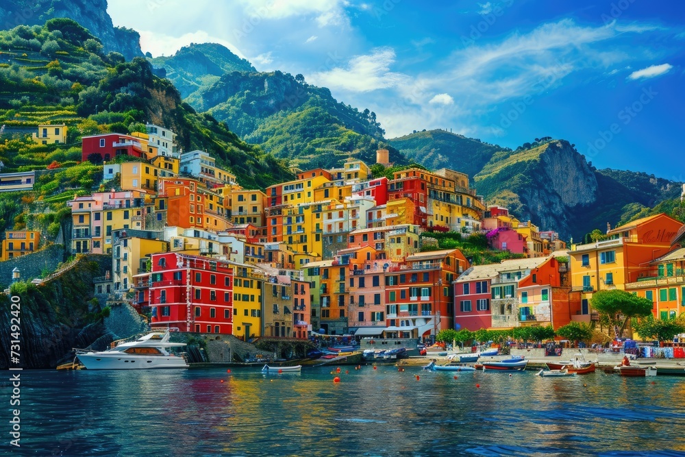 This photo showcases a beautiful painting of a village situated on the shoreline of a serene body of water, A colorful coastal town at the foot of a mountain, AI Generated
