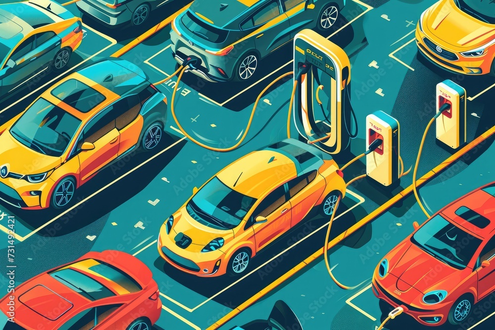 This photo captures a wide array of cars parked in a lot adjacent to a city building, A colorful illustration of various electric vehicles charging at a station, AI Generated This photo captures a wide array of cars parked in a lot adjacent to a city building, A colorful illustration of various electric vehicles charging at a station, AI Generated