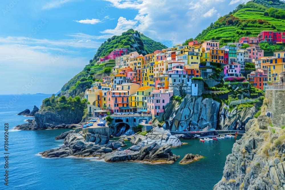Capture the awe-inspiring beauty of a vibrant village perched high above the ocean on a picturesque cliff, A colorful coastal town at the foot of a mountain, AI Generated
