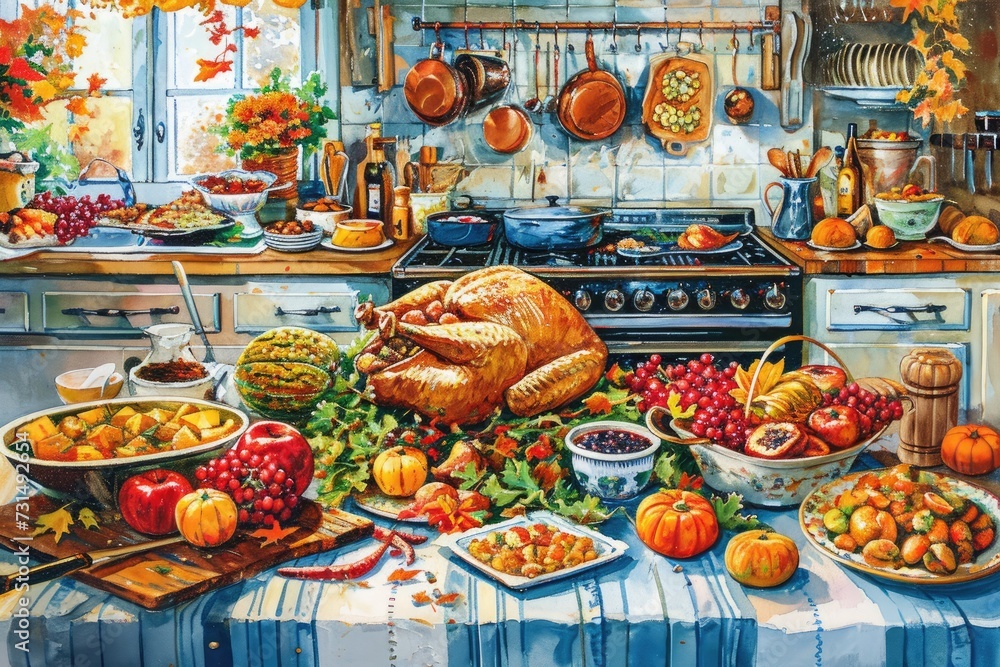 A detailed painting of a turkey hanging on the wall in a kitchen, A vivid and detailed portrayal of a bustling kitchen on Thanksgiving morning, AI Generated