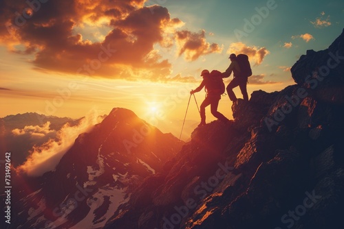 Two individuals ascending the side of a mountain during the setting sun  A visually stunning depiction of a hiker encouraging a friend during a mountain climb  AI Generated