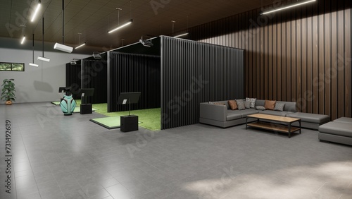 Indoor golf simulator realistic 3d rendering photo