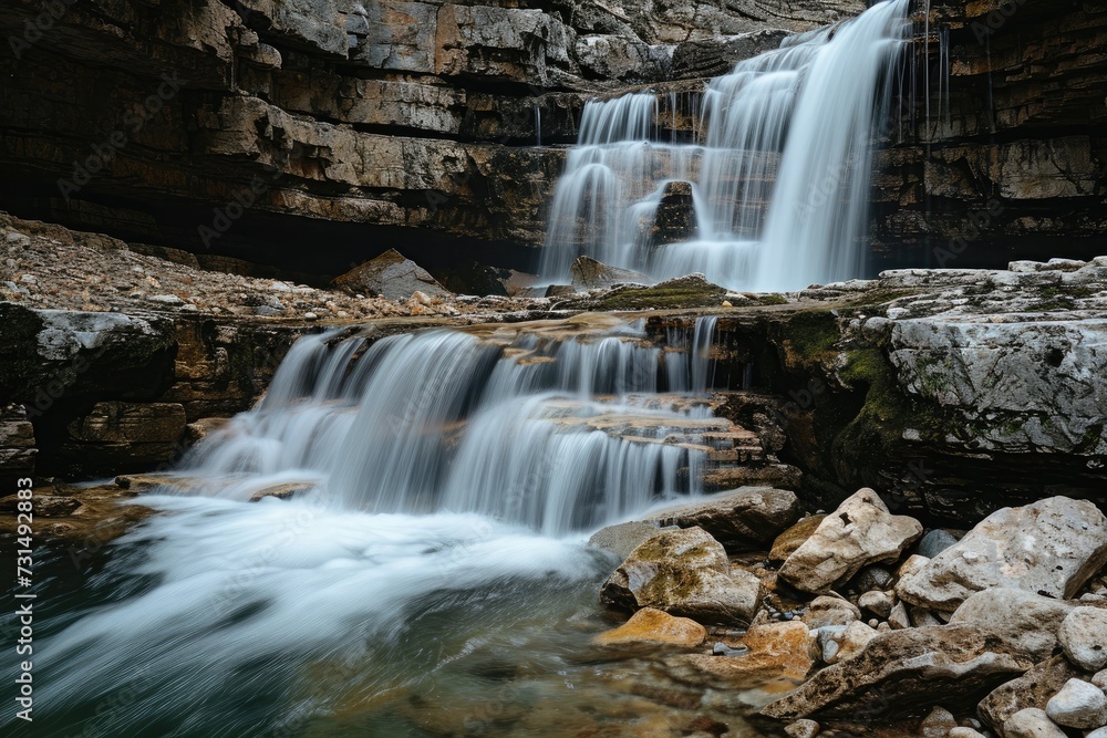 A large waterfall with an impressive amount of water flowing down in powerful cascades, A waterfall cascading over rugged cliffs, AI Generated