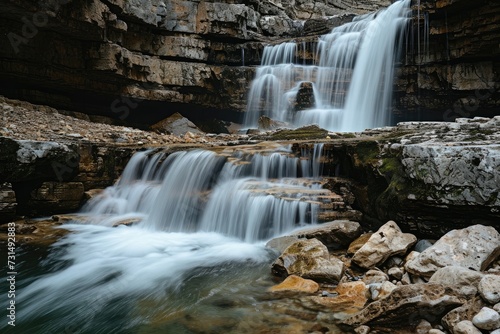 A large waterfall with an impressive amount of water flowing down in powerful cascades, A waterfall cascading over rugged cliffs, AI Generated