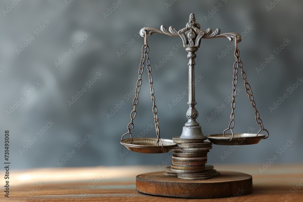 A metal balance scale is displayed on top of a sturdy wooden table, A weighing scale comparing the price and value of a commodity, AI Generated A metal balance scale is displayed on top of a sturdy wooden table, A weighing scale comparing the price and value of a commodity, AI Generated