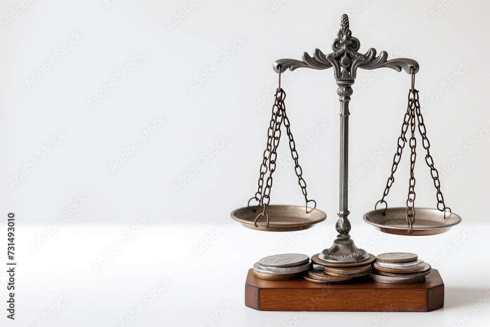 A photograph depicting a scale with various coins placed atop it on a wooden surface, A weighing scale comparing the price and value of a commodity, AI Generated A photograph depicting a scale with various coins placed atop it on a wooden surface, A weighing scale comparing the price and value of a commodity, AI Generated
