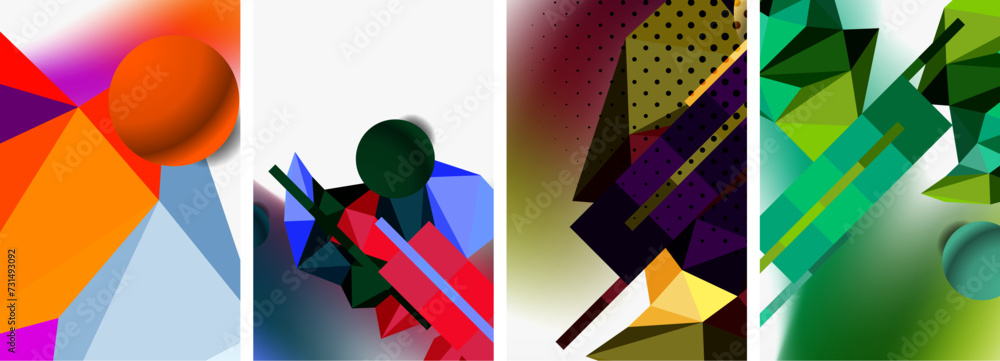 Set of geometric abstract composition with spheres and triangles. Vector illustration For Wallpaper, Banner, Background, Card, Book Illustration, landing page Set of geometric abstract composition with spheres and triangles. Vector illustration For Wallpaper, Banner, Background, Card, Book Illustration, landing page