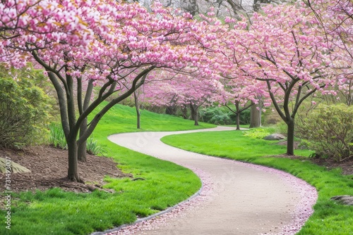 A winding path meanders through a vibrant green park, offering a picturesque view of the serene surroundings, A wavy pathway surrounded by blooming dogwood in a dreamy park, AI Generated