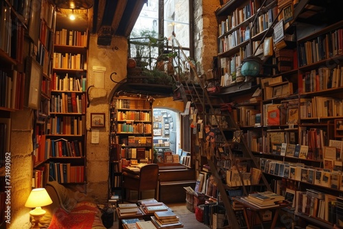 A Room Filled With Shelfs of Books Next to a Window, A whimsical bookshop situated in the heart of Paris, AI Generated