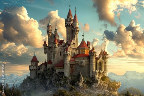An impressive castle stands proudly on the summit of a mountain, shrouded in clouds, A whimsical fairytale castle with turrets touching the sky, AI Generated
