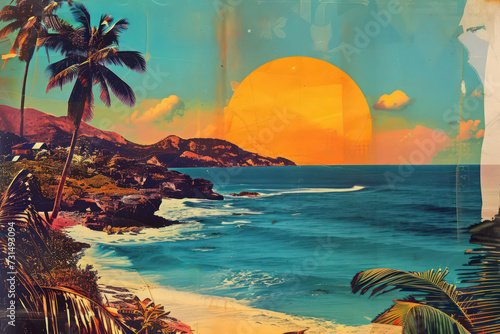 Retro tropical beach with collage art abstract background. Generative ai.