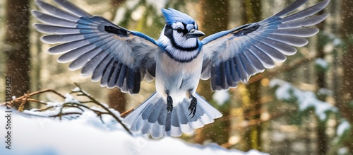 Blue Jay bird flying over snow
