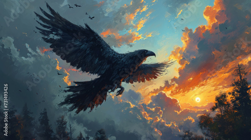 Illustration of a black raven in flight photo
