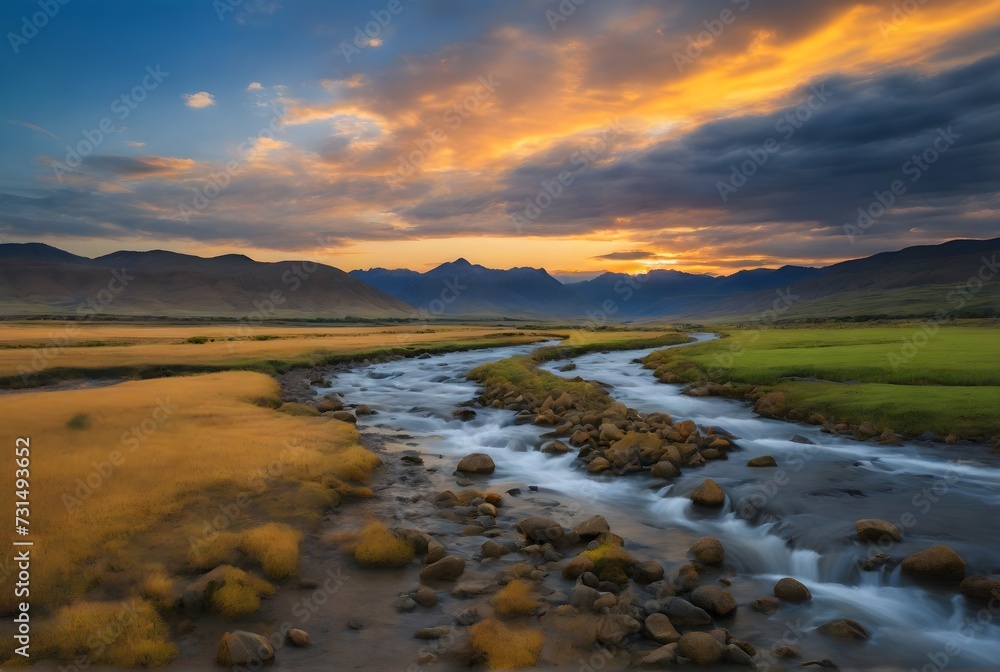 Foto de Paisaje de un rio en una pradera en tonos verdes y amarillos ...