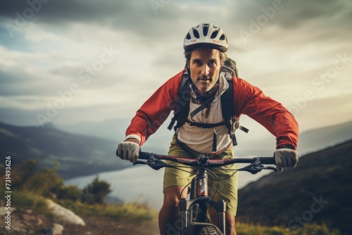 Cyclist Riding on Mountain Path