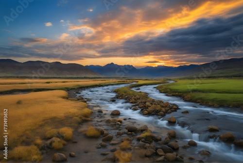 Paisaje de un rio en una pradera en tonos verdes y amarillos, montañas azules, cielo con nubes en tonos naranja y amarillos al atardecer.