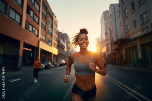 Joyful woman in sports attire enjoying urban run
