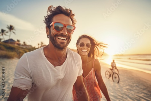 Happy couple running on beach at sunset, carefree and joyful