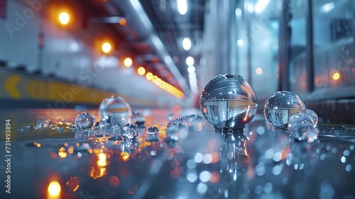 a group of glass balls sitting on top of a wet floor next to a wall of water droplets on the ground. 