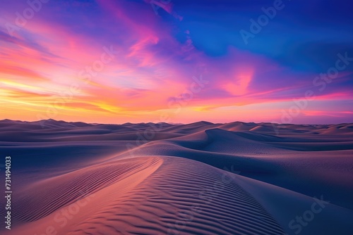 A vibrant sunset casts a colorful glow over the majestic sand dunes in the desert, A windswept desert under a vivid sunset, AI Generated