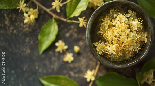 Osmanthus Tea in the cup with flowers inside and on the table.