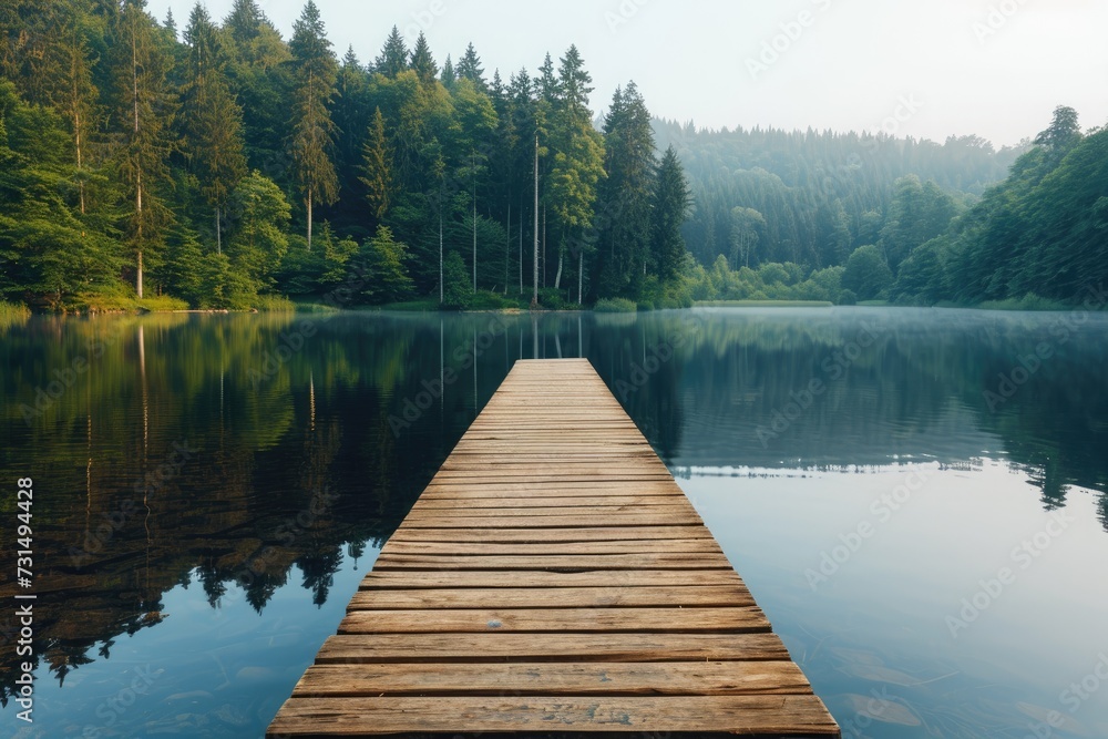 Wooden Dock in the Middle of a Lake, A wooden jetty projecting into a serene lake with a line of trees in the background, AI Generated Wooden Dock in the Middle of a Lake, A wooden jetty projecting into a serene lake with a line of trees in the background, AI Generated