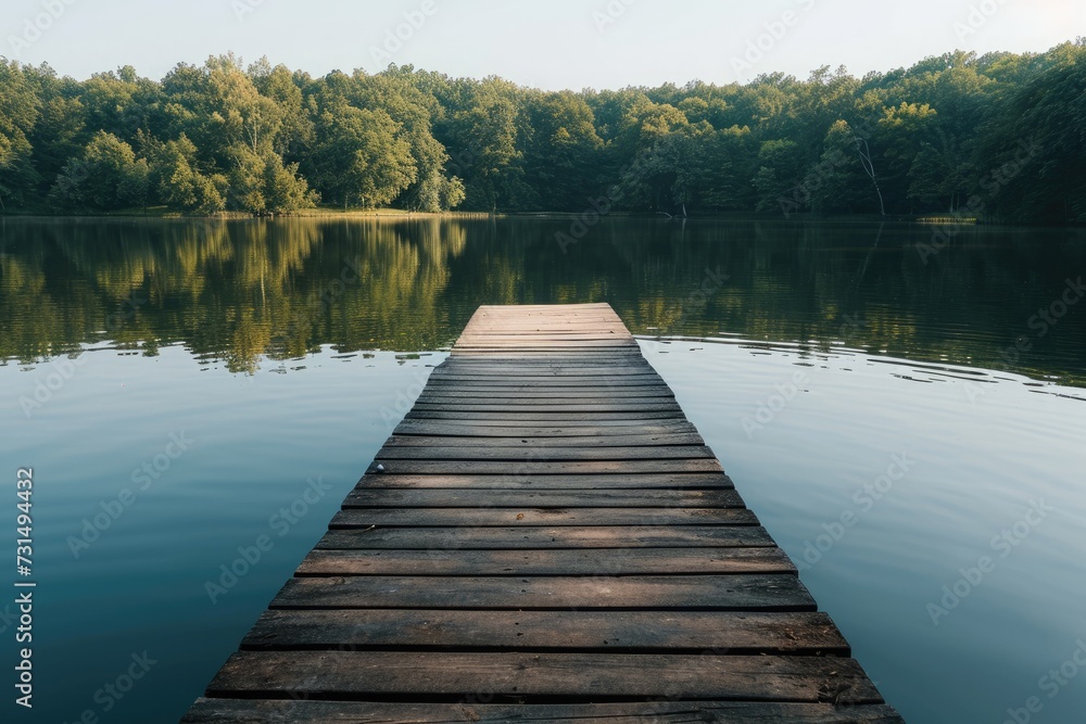 A wooden dock stretches out into a serene lake, surrounded by lush trees, A wooden jetty projecting into a serene lake with a line of trees in the background, AI Generated