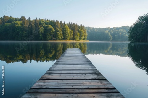Wooden Dock Positioned on Top of a Lake, A wooden jetty projecting into a serene lake with a line of trees in the background, AI Generated