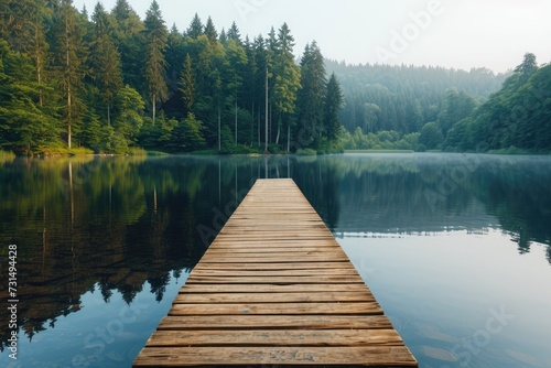 Wooden Dock in the Middle of a Lake, A wooden jetty projecting into a serene lake with a line of trees in the background, AI Generated
