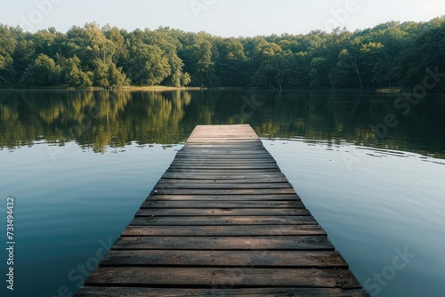 A wooden dock stretches out into a serene lake, surrounded by lush trees, A wooden jetty projecting into a serene lake with a line of trees in the background, AI Generated