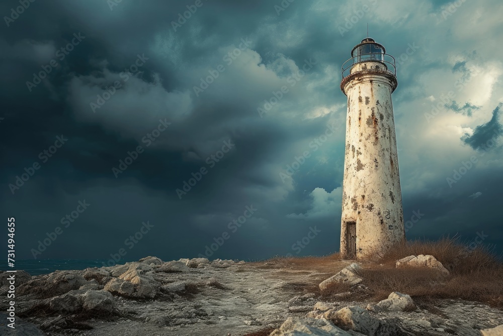 A lighthouse standing tall on a hill, positioned below a sky filled with clouds, Abandoned lighthouse under stormy skies, AI Generated
